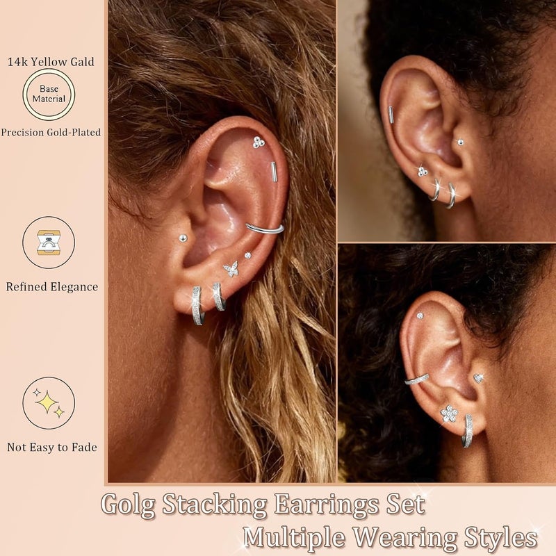 AMASIS Stud Earrings for Women Men, Hypoallergenic Women's 14K Gold Plated 316L Stainless Steel CZ Studs Earrings Simulated Diamond Round Cubic Zirconia Ear Stud Set - Image 3